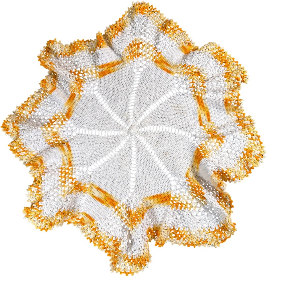 Handmade Crochet Doily Tablecloth Runner White Orange Starburst‎ Lace Accent